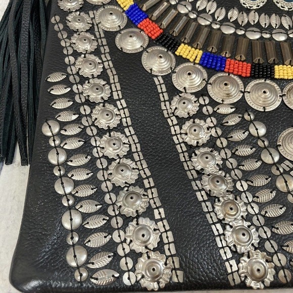 Cleobella Clutch embellished Black Leather Tassel Closure 12 X 10‎ Boho - Picture 12 of 16